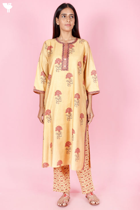 Tussar Cotton Kurta Pant And Dupatta Set In Floral Block Print